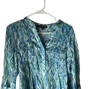 Ava & Grace Size Small Blue Green Ikat Artsy Art Funky Rayon Roll‎ Tab Blouse